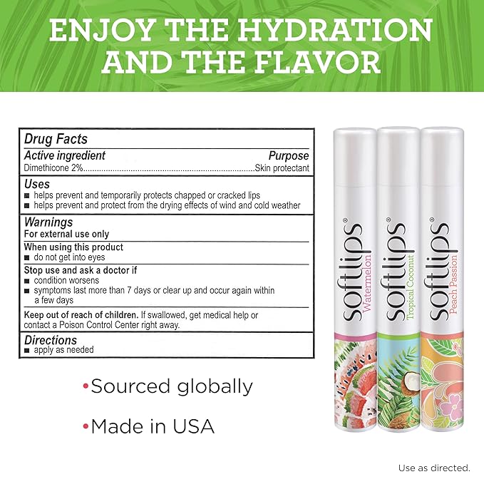 Softlips Spring Tropical Lip Balms 3-Pack - Hydrating Lip Care Set with Watermelon, Tropical Coconut, and Peach Passion Flavors