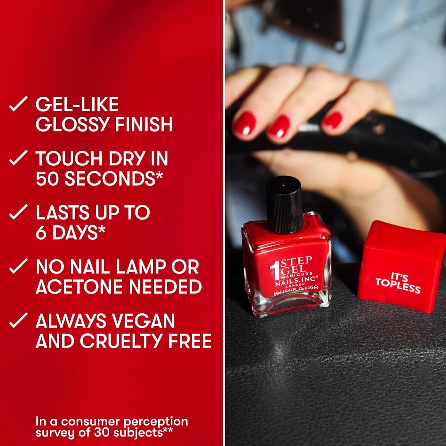 Nails Inc It's Topless Gel-Like Nail Polish, 4-in-1 Base Coat, Treatment, Color & Top Coat, Long Lasting, Strong, Chip Free Nails, Glossy Salon Quality Manicure, Air Dry Nail Polish, Kim, 0.47 Fl Oz