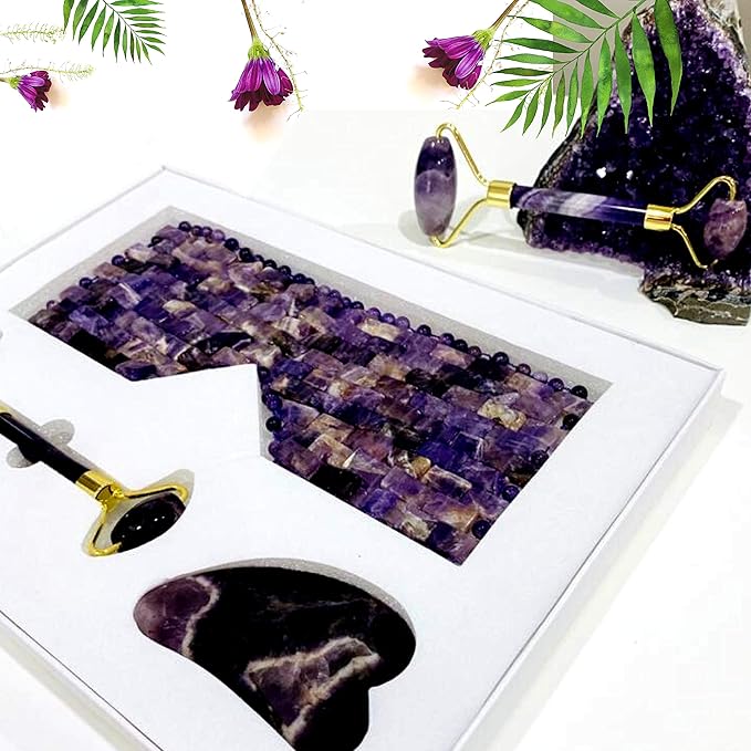 100% Authentic Amethyst Mother's day Gift Set Amethyst Eye Mask Amethyst Jade Roller & Gua Sha Set Facial Mask Instant Puffiness promote relaxation and relief stress.