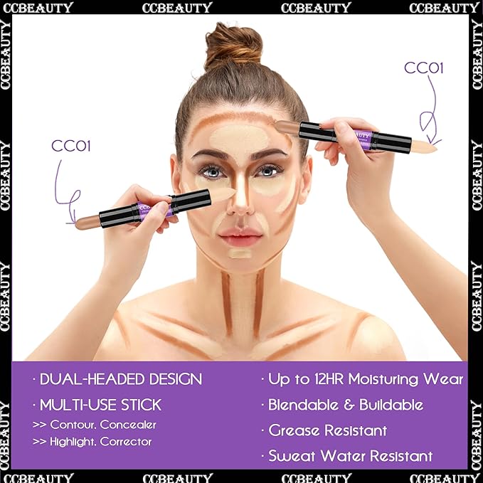 CCbeauty Contour Stick, 3pcs Dual-ended Wonder Stick Cream Highlight & Contour Kit, Bronzer and Highlighter Set for Face Contouring Shaping Makeup, Long Lasting & Waterproof - All Skin