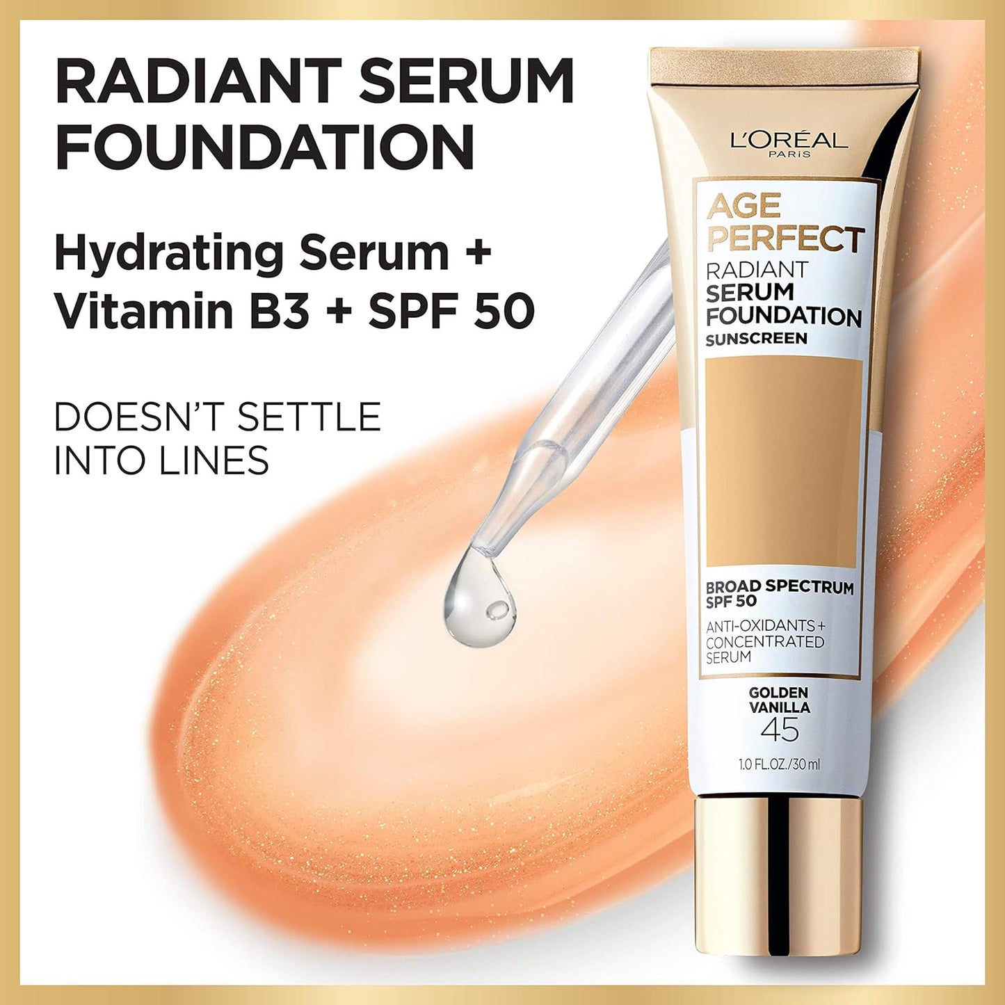 L'Oreal Paris Age Perfect Radiant Serum Foundation with SPF 50, Golden Beige, 1 Ounce