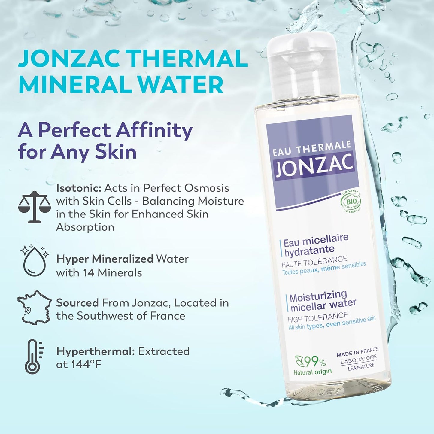 99% Organic Micellar Water - Natural Eye & Face Makeup Remover - Hydrating Thermal Water - for Sensitive Skin - Non-Toxic - Agua Micelar Orgánica - Travel Size - 3.38 Fl Oz