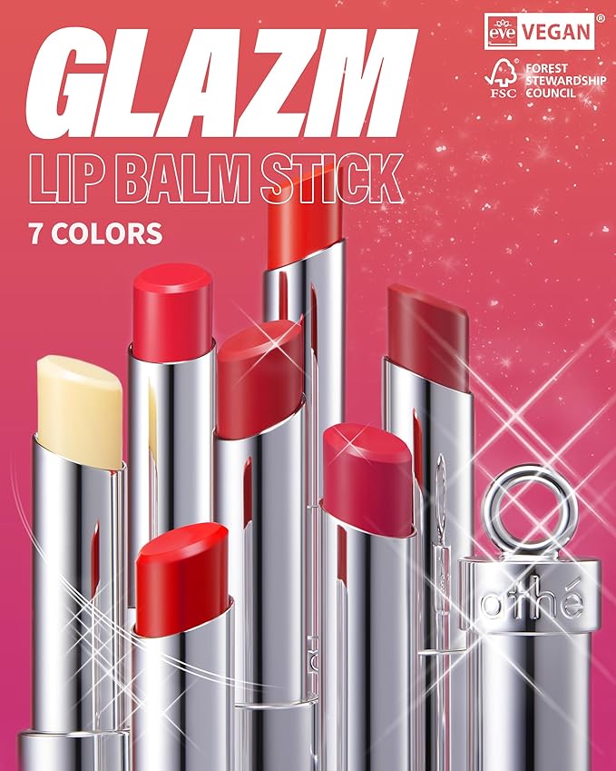 ATHE Glazm Lipbalm Stick - Vegan Glow Korean Lip Balm - Plumping, Volumizing & Highly Pigmented Lipstick - Soft Melting, Buildable Formula - Plant-Derived, Cruelty-Free, 0.12oz. (04 Individual)