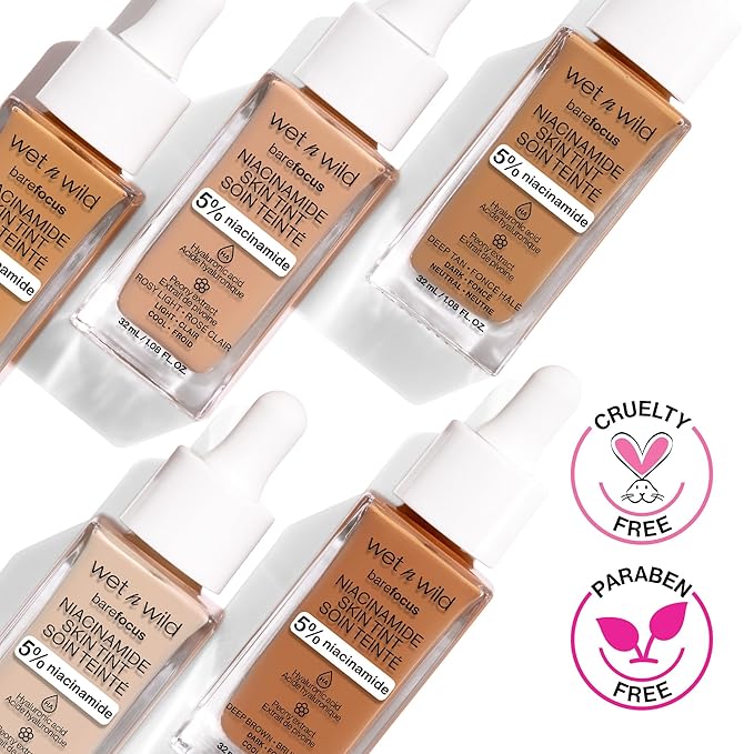 wet n wild Bare Focus Skin Tint, 5% Niacinamide Enriched, Buildable Sheer Lightweight Coverage, Natural Radiant Finish, Hyaluronic & Vitamin Hydration Boost, Cruelty-Free & Vegan - Deep Brown
