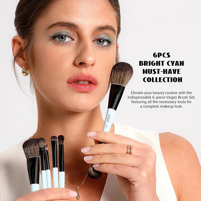 Jessup Makeup Brush Set 6pcs Double Sided Makeup Brushes Foundation Contour Blush Highlight Blending Eyebrow Brush Eyeshadow Brush, Vegan Fiber Make up Brush Bright Cyan T501
