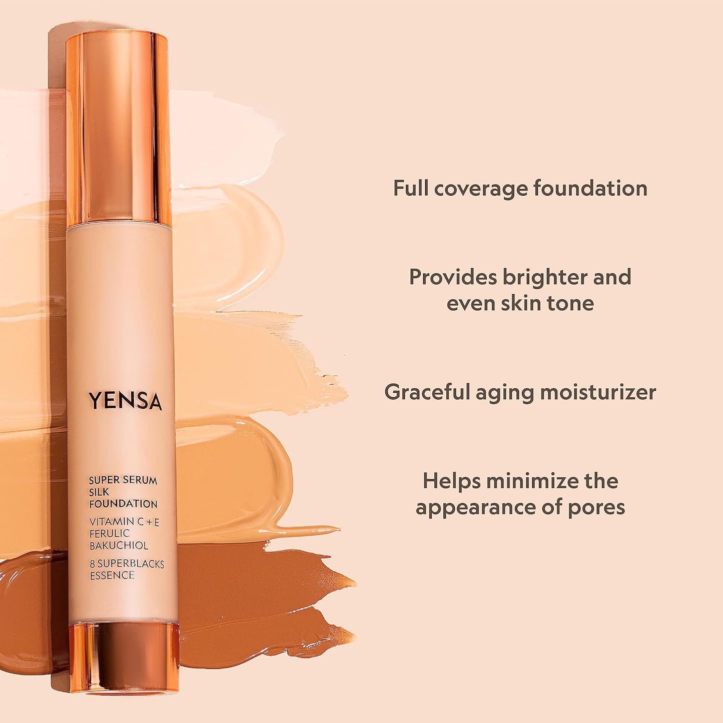 YENSA Super Silk Foundation - Full Coverage, Age-defying complex of Vitamin C, E, Ferulic, and Bakuchiol Oil (Tan 1) 1.0 fl oz