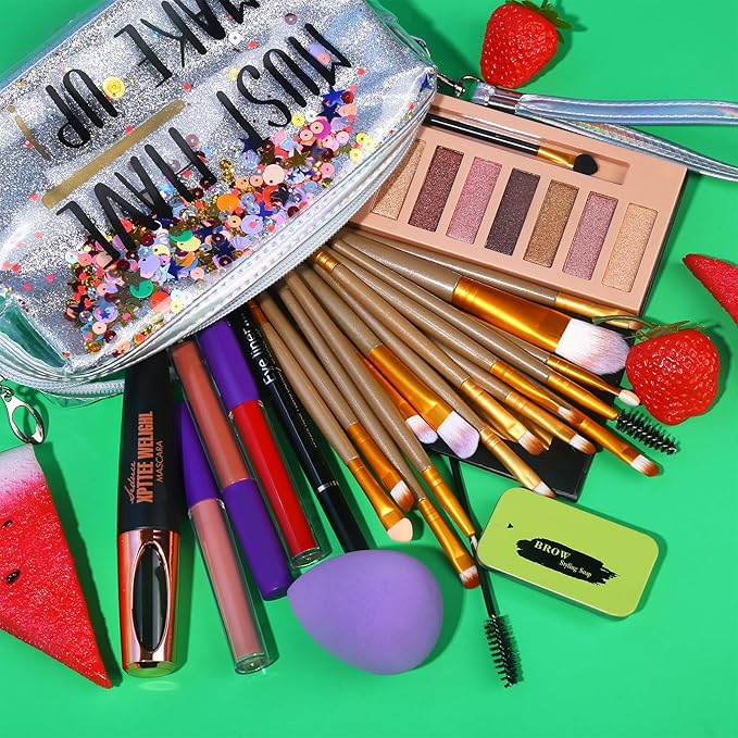 All in One Makeup Set For Women Full Kit - 12 Colors Nude Eyeshadow Palette, Waterproof Black Mascara Eyeliner Pen, 3pcs Matte Liquid Lipstick Set, Eyebrow Soap Gel Kit, 12 pcs Brushes Set Makeup Sponge with Makeup Bag Gift Set