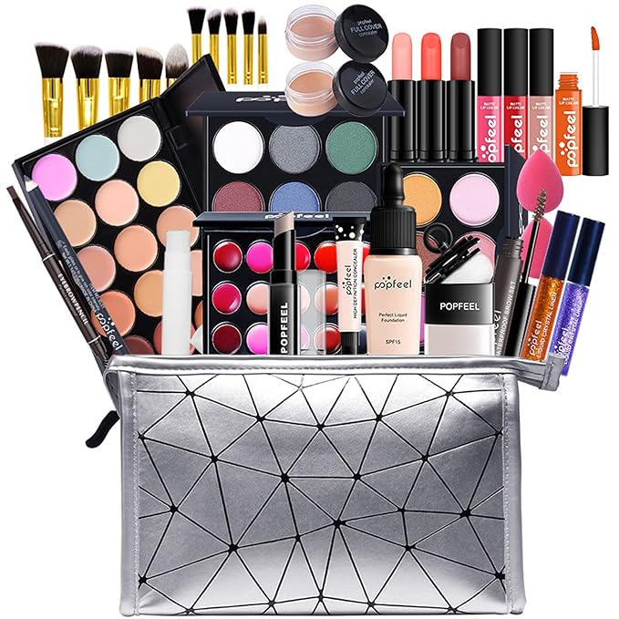 Makeup Sets For Women, with Makeup Palettes, Eye Shadow Palette Set, Foundation Concealer, Clear Lip Gloss, Eyeliner, Makeup Brush Kit, Makeup Sponge, Reusable Cosmetic Bag, Mothers Day Gift