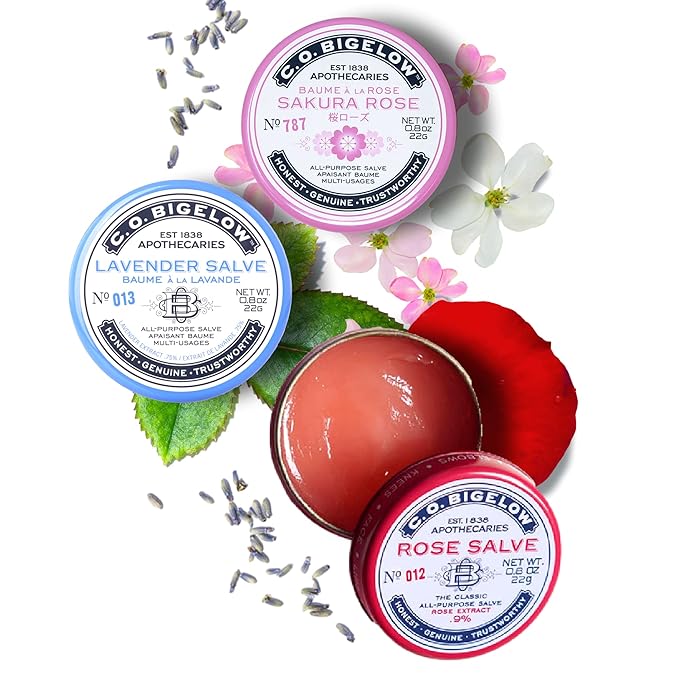 C.O. Bigelow All Purpose Salves, Variety Pack of 3 Lip Balm Tins for Chapped Lips & Dry Skin - Classic Rose, Lavender & Sakura Rose Moisturizing Lip and Skin Salves, 0.8 oz each