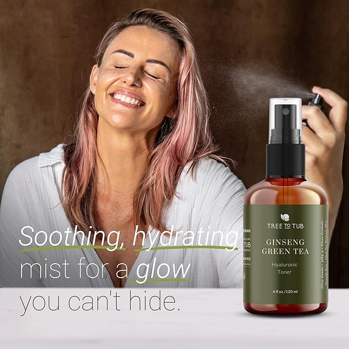 Deep Calming Toner Spray for Sensitive Skin by Tree To Tub—pH 5.5 Balanced, Face Priming and Hydrating with Hyaluronic Acid, Organic Witch Hazel, Rose Water, Ginseng, Green Tea, 4 oz