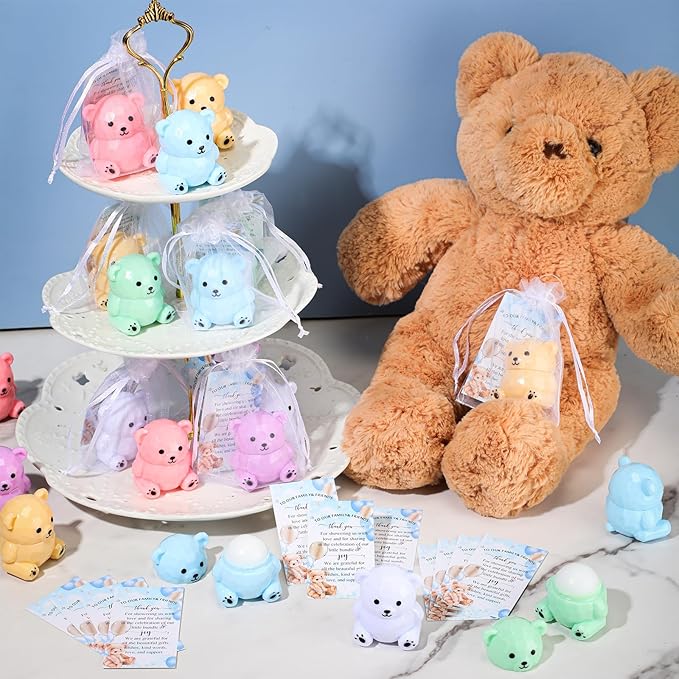 24 Sets Baby Shower Bear Lip Balm Favors Bear Lip Care Transparent Lipstick with Gift Bags and Thank You Cards for Baby Shower Gender Reveal Favors Decorations Gift Supplies
