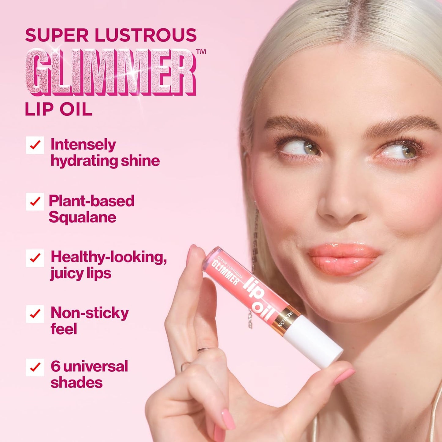 REVLON Super Lustrous Glimmer Lip Oil, Moisturizing & Tinted, Shiny Finish, Made with Plant-Based Squalane, 005 Vio-lit, 0.13 fl oz