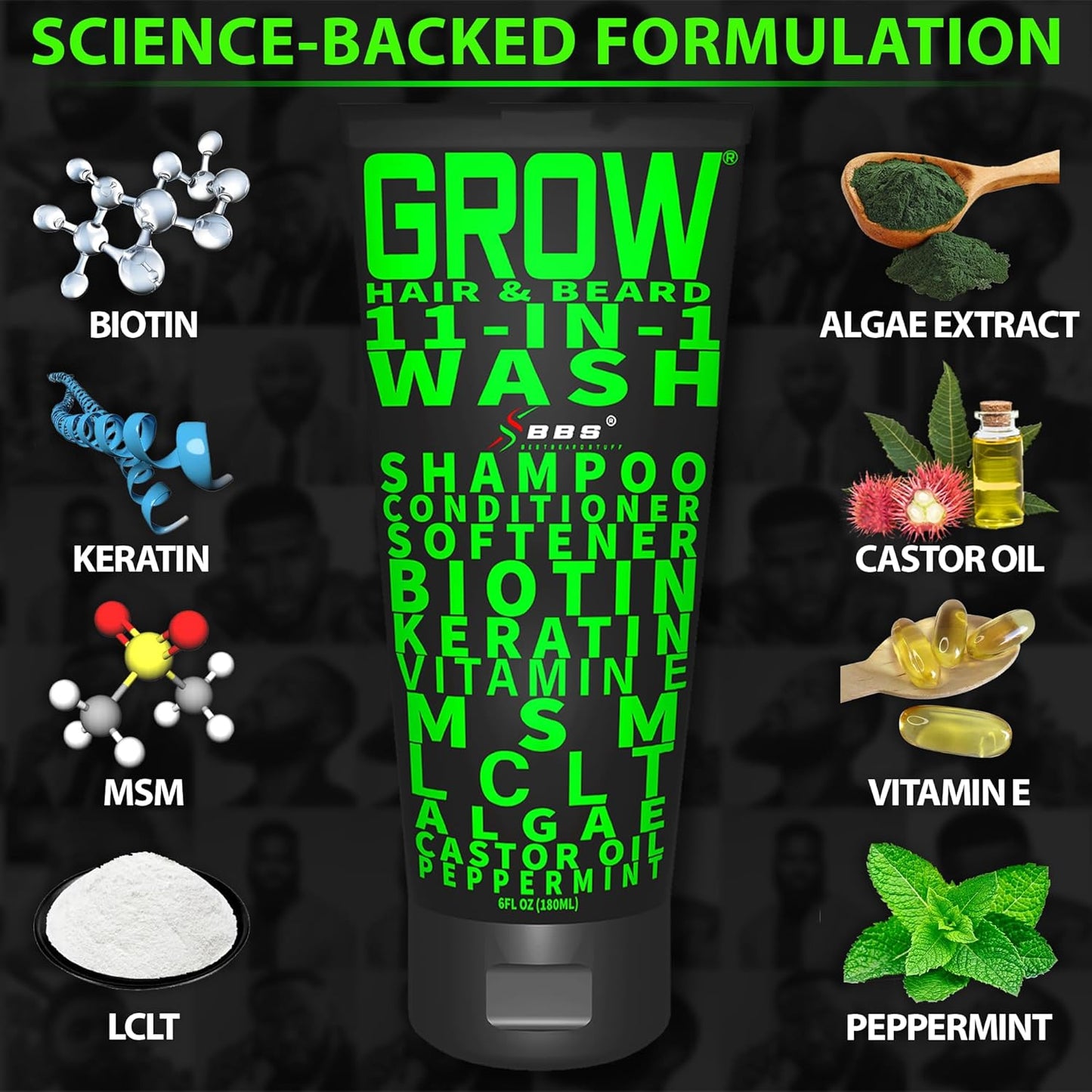 GROW Hair & Beard Wash 11-in-1 – Beard Wash & Conditioner + Beard Growth Shampoo with Biotin, Castor Oil, Peppermint, Keratin – Supports Hair & Beard Growth