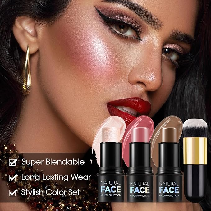 3Pcs Cream Contour Stick Makeup Kit - Cream Blush Stick Highlighter Stick Contour Bronzer Stick for Cheeks, Waterproof Long Lasting Blendable, Contour Stick Trio for Face Makeup (#02, 05, 06)