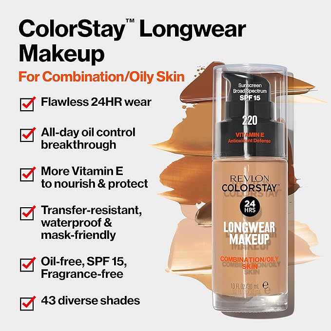 Revlon Liquid Foundation, ColorStay Face Makeup for Combination & Oily Skin, SPF 15, Medium-Full Coverage with Matte Finish, Macadamia (460), 1.0 oz