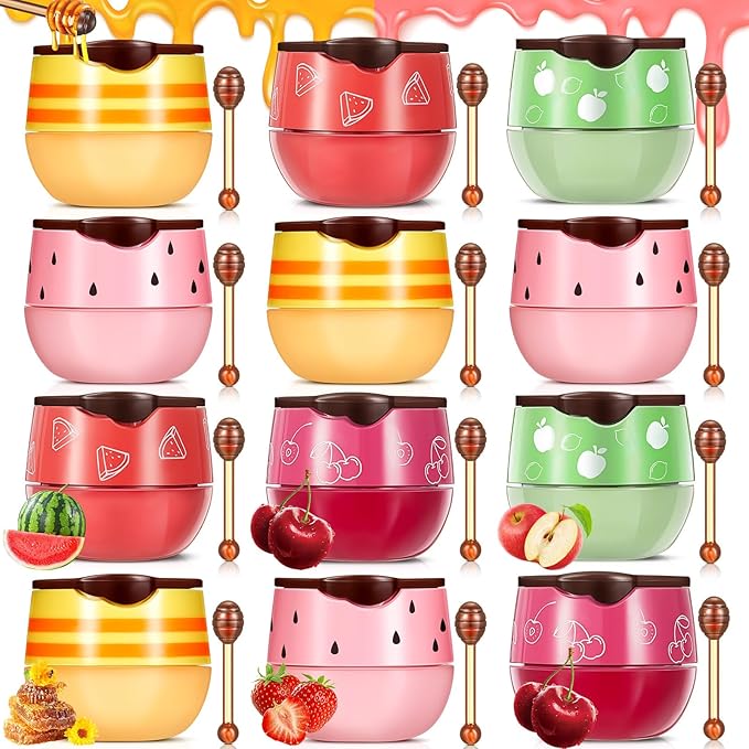 12 Pcs Bee Lip Balm Honey Pot with Brush Propolis Lip Mask Overnight, Moisturizing Hydrating Lip Sleeping Mask Prevention Dry and Cracked(Honey+Strawberry+Watermelon+Apple Lime+Cherry)
