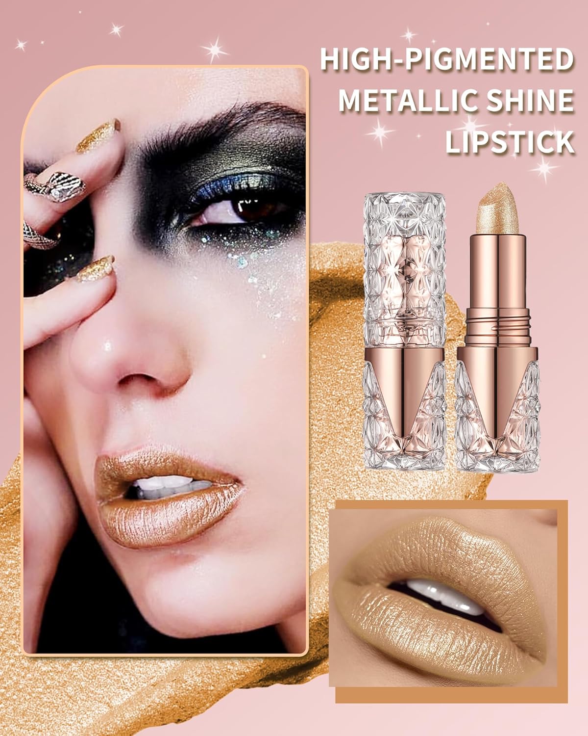 Glitter Metallic Shimmer Gold Lipstick Long Lasting,Diamond High Pigmented Nude Red Metallic Matte Liquid Lipstick Non-Stick Lip Gloss,Transfer Proof Lip Color Lip Stick Makeup for Women-01