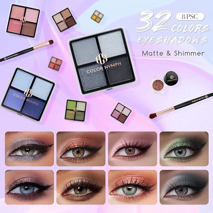 Color Nymph Beginners Makeup Kit With Train Case For Teenagers Girls, Full Starter Cosmetics Set Included 32 Colors Eyeshadow, Glitter Cream, Blush, Highlighter, Lip Gloss and Brush (White)