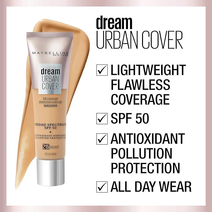 Maybelline Dream Urban Cover Flawless Coverage Foundation Makeup, SPF 50, Soft Tan