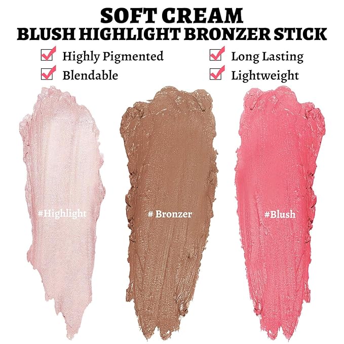 Face Stick Trio 3Pcs Multi Makeup Blush Highlighter Contour Sticks, Buildable Blendable Lightweight Cream Blush Stick for Cheeks Lips Make Up For Women (05)