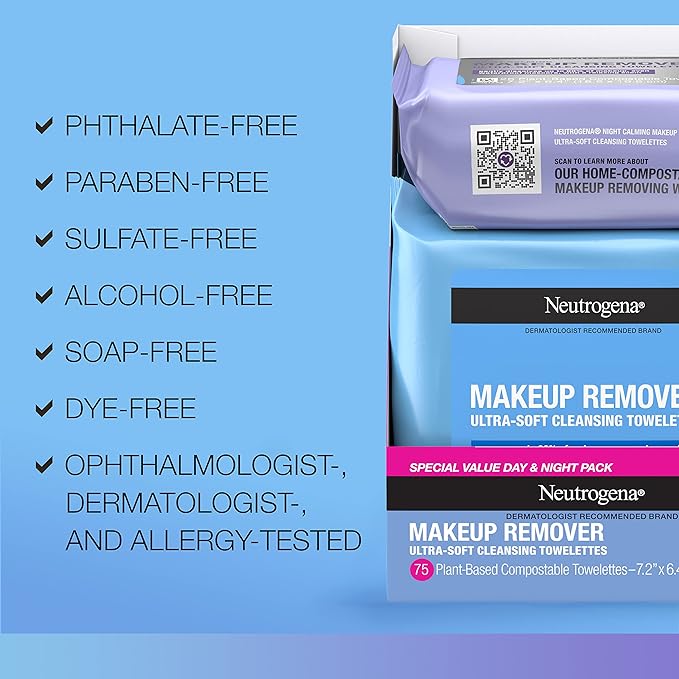 Neutrogena Day & Night Wipes, Makeup Remover Face Cleansing Towelettes & Night Calming Facial Cloths, 100% Plant Based Fibers Wipe Away Dirt, Alcohol-Free, 3 Packs of 25 ct, 75 ct