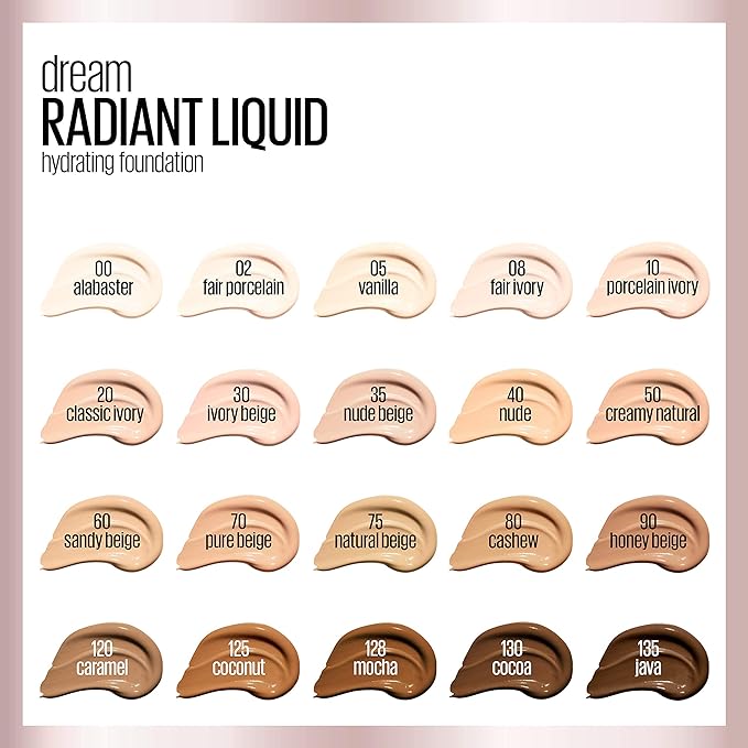 Maybelline Dream Radiant Liquid Medium Coverage Hydrating Makeup, Lightweight Liquid Foundation, Vanilla, 1 Fl; Oz