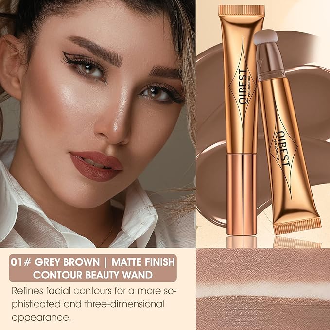 Liquid Contour Beauty Wand, Cream Liquid Contour Stick Matte Bronzer Stick with Cushion Applicator, Lightweight Blendable, Long Lasting Silky Liquid Face Shaping & Contouring Stick | 1# Contour Grey brown
