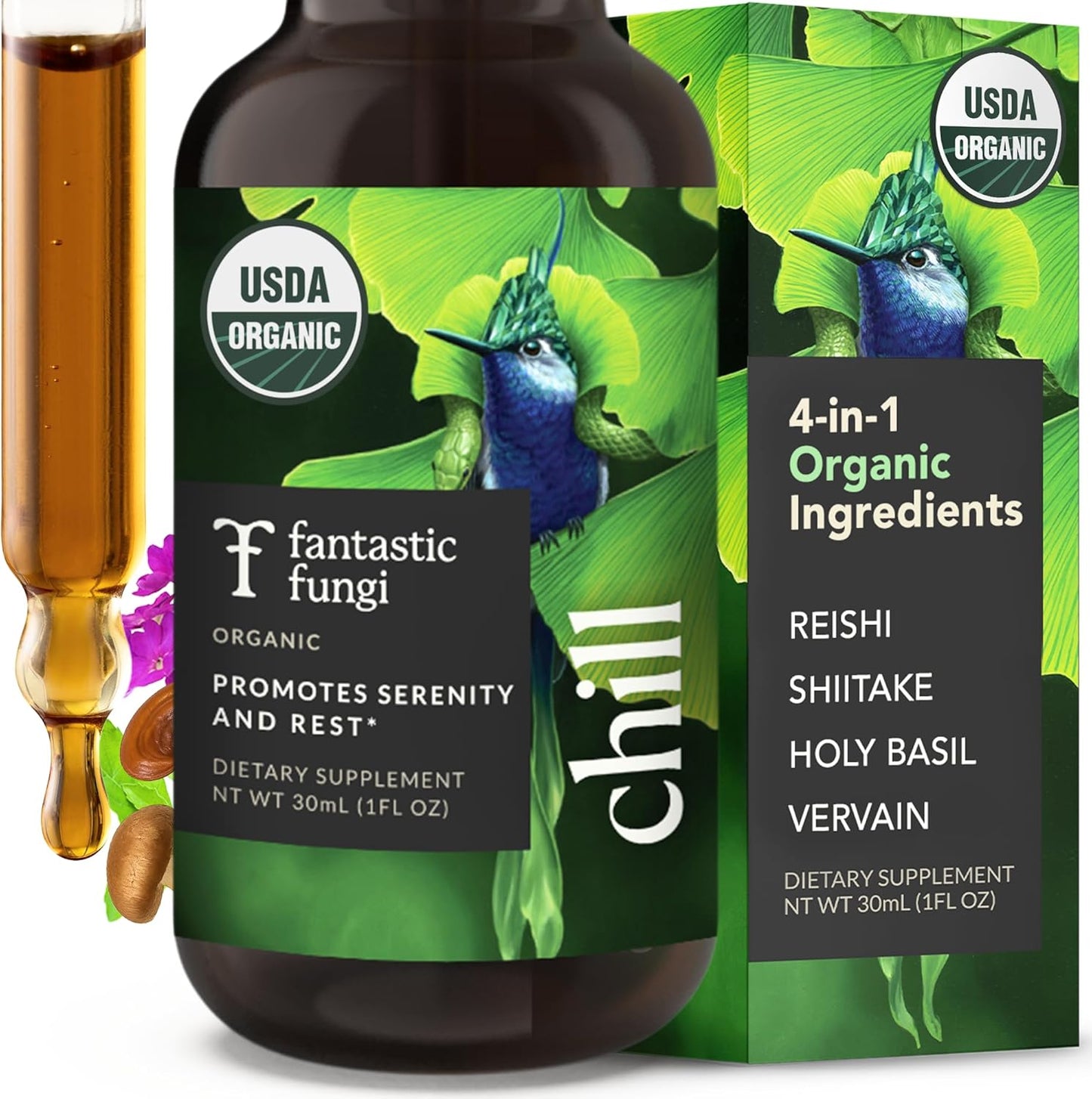Reishi Mushroom Extract Drops Fantastic Fungi Chill Elixir, 4-in-1 Mood Support Supplement w/ Holy Basil & Shiitake Mushrooms for Relaxation & Calm | 100% Organic & Natural | 30 Servings, 1 fl oz