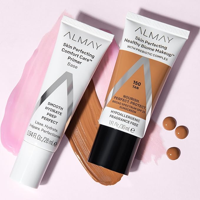 Almay Skin Perfecting Healthy Biome Foundation Makeup with Prebiotic Complex SPF 25, Hypoallergenic, -Fragrance Free, 120 Beige, 1 fl. oz.
