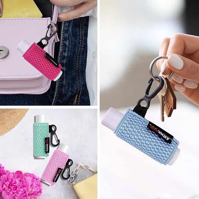 3PCS Lip Balm Holder Sleeves Keychain Chapstick Holder Lip Gloss Holder Keychain Chapstick Elastic Sleeves(Beige/Grey/Orange)