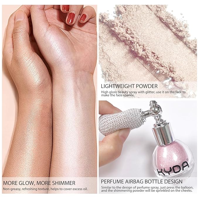 KYDA Highlighter Powder Spray, Glitter High Gloss Spray Shimmer Sparkle Powder Makeup Spray, for Face Body Cosmetic-Metallic Silver