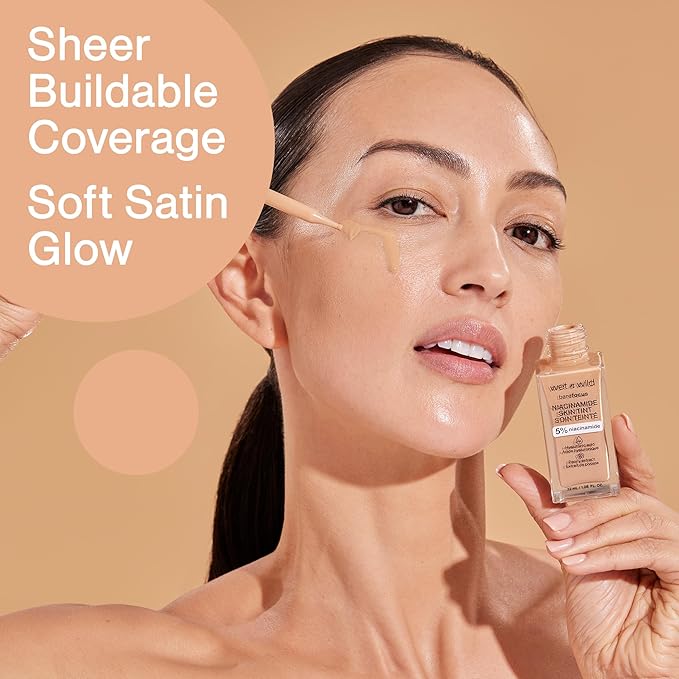 wet n wild Bare Focus Skin Tint, 5% Niacinamide Enriched,Buildable Sheer Lightweight Coverage,Natural Radiant Finish,Hyaluronic & Vitamin Hydration Boost,Cruelty-Free & Vegan-Light Medium Sand