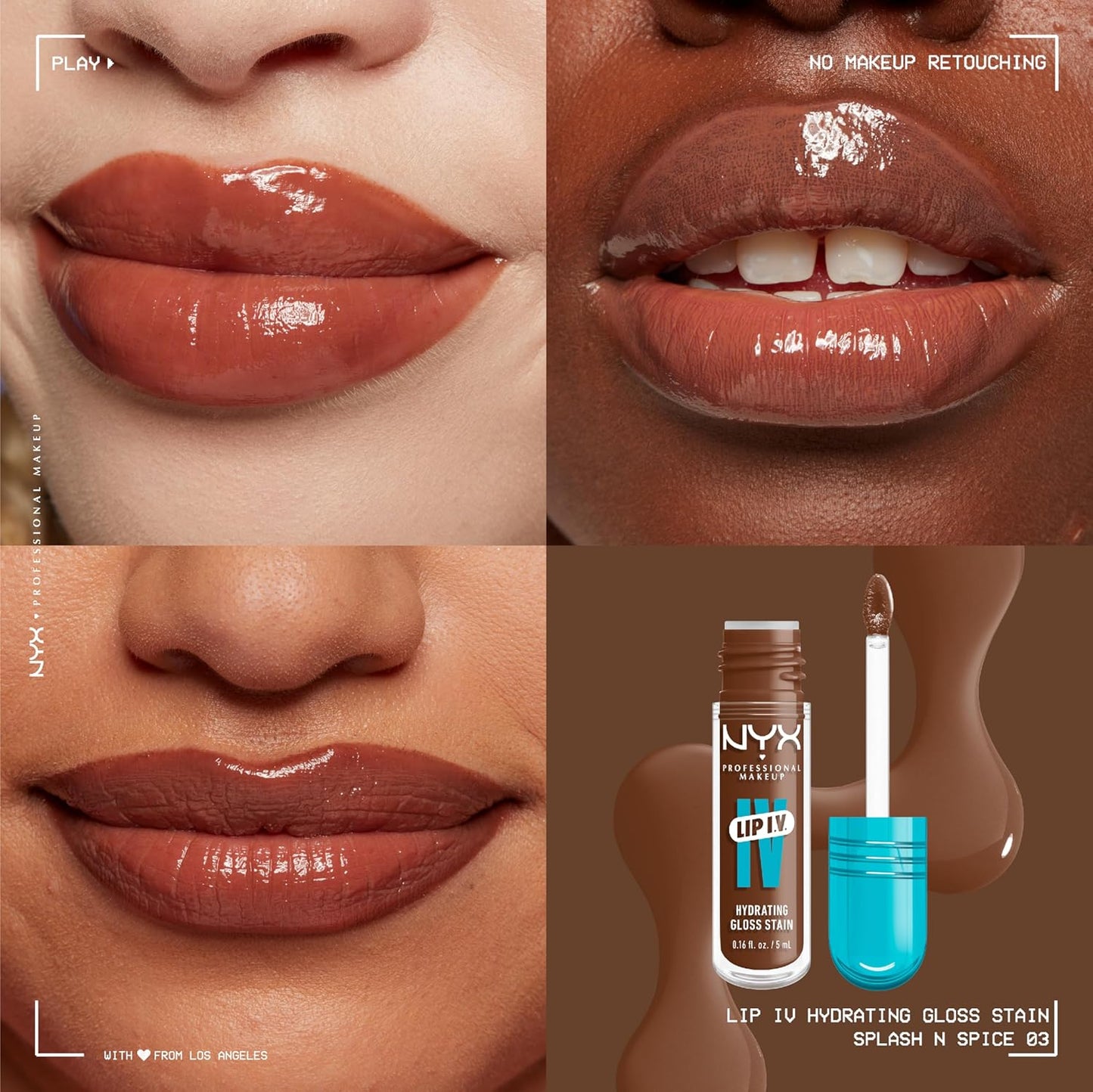 NYX Professional Makeup Lip IV Hydrating Glossy Lip Stain with 12HR Hydration - Splash N Spice (Brown)