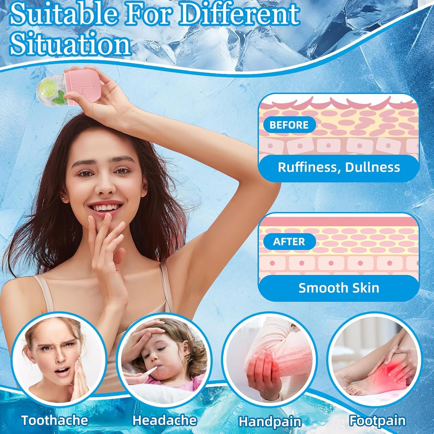 Ice Face Roller Massager for Face, Reusable Silicone Ice Cube Mold, Facial Beauty Ice Roller, Reduce Puffiness and Dark Circles, Minimize Pores & Improve Skin Texture (Purple)
