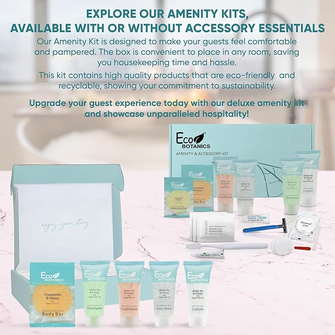 Eco Botanics Amenity Kit | Boxed Hotel Toiletries | Bulk Set 0.85 oz Travel Size Shampoo, Conditioner, Lotion, Body Wash & Body Bar Soap for Guest Hospitality AirBnB/Vacation Rentals | 1 set per case