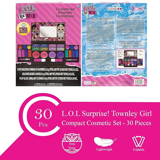 LOL Surprise Cosmetic Compact Set Includes Mirror, 14 Lip glosses, 8 Eye Shadow, 4 Blushes & 4 Brushes Safe & Non-Toxic Colorful Portable Foldable Makeup Beauty Kit for Girls, Townley Girl