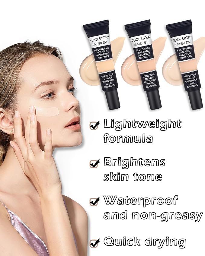 2 PCS Under Eye Concealer Full Coverage, Waterproof Color Correcting Concealer All Day Coverage Dark Circles, Puffiness, Redness, Lightweight Cream Foundation Brightener, Natural Matte Finish, light W