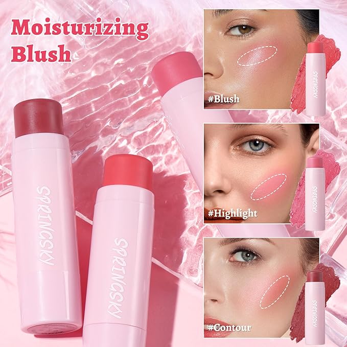 Face Stick Trio 3Pcs Multi-Use Makeup Blush Sticks, Buildable Blendable Lightweight Cream Blush Stick for Cheeks Make Up For Women 3-in-1 Blusher and Lip Makeup Sticks (04)