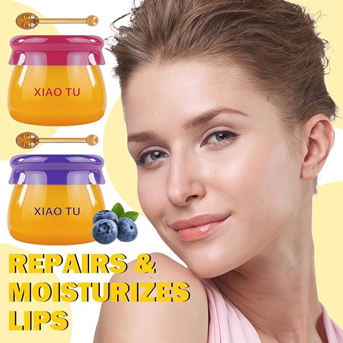 2PCS Lip Balm Honey Pot,Moisturizing Lip Sleep Mask,Prevention Dry and Cracked Overnight Sleeping Lip Mask with Brush,Reduces Lip Lines Long Lasting Hydrating Lip Care Scrubs Exfoliator
