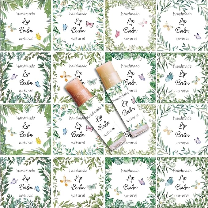 CRASPIRE 80Pcs 8 Styles Lip Balm Sticker Plant Butterfly Self-Adhesive Homemade Lip Balm Labels Vintage Square DIY Plant Label Stickers for Lip Balm Containers Cosmetics Lipsticks