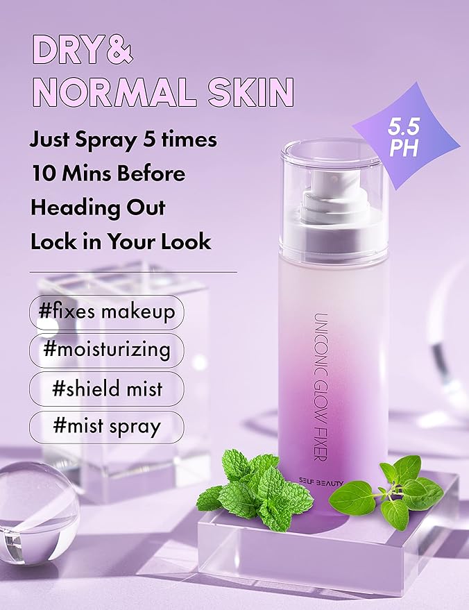 SELF BEAUTY Glow Makeup Setting Spray | Hydrating + Illuminating Makeup Setting Spray | Dewy Finish | Long-Lasting Makeup Fixing | Microfine Mist Spray | 3.38fl.oz, 100ml