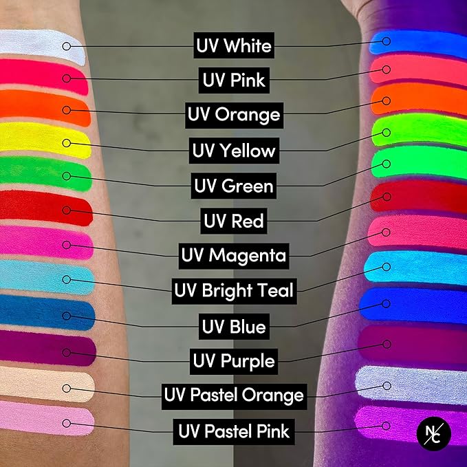 UV 12-Color Palette - Water-Activated Neon Glow Makeup for Face & Body - Fluorescent Shades for SFX, Party Makeup, Cosplay & Theatrical Performances