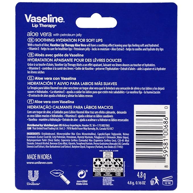 Vaseline Lip Therapy Care Aloe Fresh, Fast-Acting Nourishment, Ideal for Chapped, Dry, Cracked, or Damaged Lips, Lip Balm, 4-Pack, 0.16 Oz Each