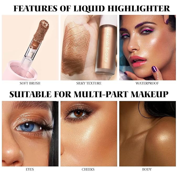 Liquid Highlighter Makeup, Natural Silky Shimmer Finish Liquid Face Highlighter, Highly Pigmented, Lightweight, Blendable, Soft Cream Highlighter For Face (#03 Rose Gold Shimmer)