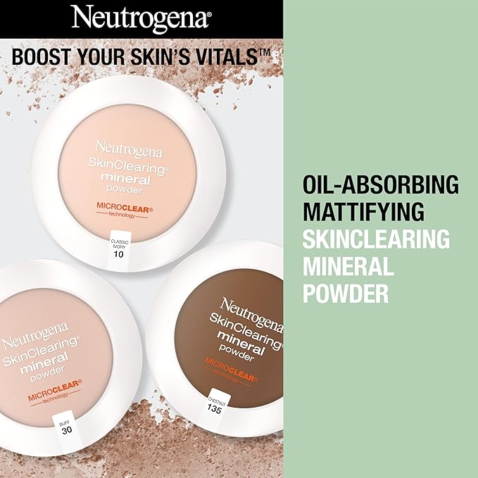 Neutrogena SkinClearing Mineral Acne-Concealing Pressed Powder Compact, Shine-Free & Oil-Absorbing Makeup with Salicylic Acid to Cover, Treat, & Prevent Breakouts, Chestnut 135,.38 oz