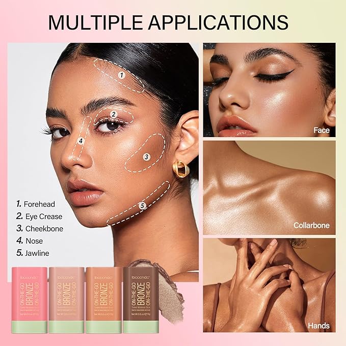 Cream Bronzer Stick,Contour Stick Facial Contouring Stick,Long Lasting Highlighter Waterproof Highlight Makeup,Buildable Shimmer Sparkle Face Bronzer Face Shaping,04 Beach Glow