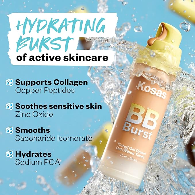 Kosas BB Burst Tinted Face Gel Cream - Supports Healthy Collagen, Smoothes Skin, Hydrates & Moisturizes - Lightweight Buildable Coverage - Medium Neutral Olive 22, (1 Oz/30 ML)