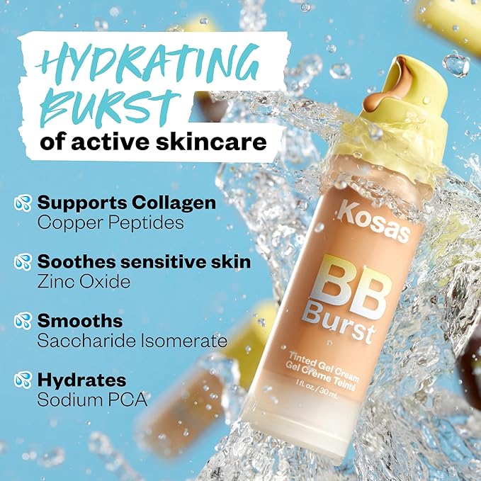 Kosas BB Burst Tinted Face Gel Cream - Supports Healthy Collagen, Smoothes Skin, Hydrates & Moisturizes - Lightweight Buildable Coverage - Medium Deep Warm 34, (1 Oz/30 ML)