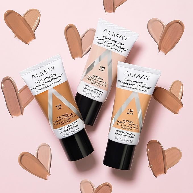 Almay Skin Perfecting Healthy Biome Foundation Makeup with Prebiotic Complex SPF 25, Hypoallergenic, -Fragrance Free, 120 Beige, 1 fl. oz.