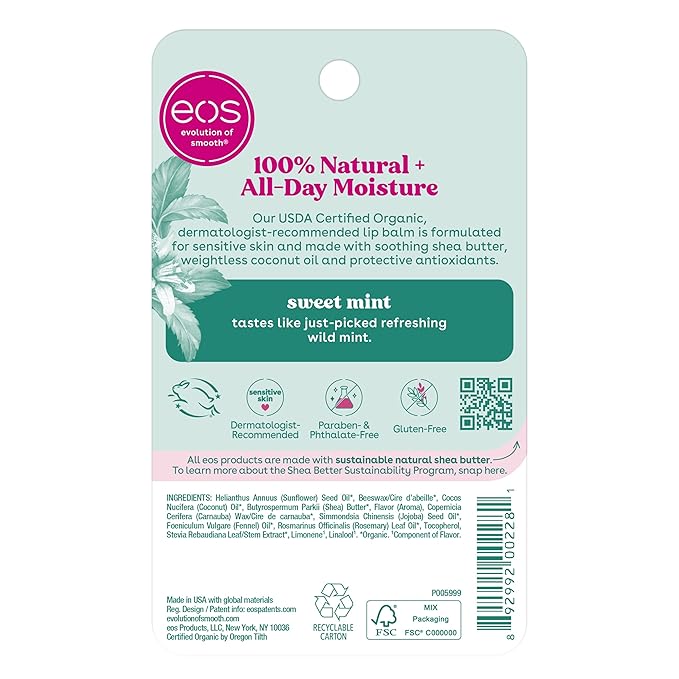 eos 100% Natural & Organic Lip Balm- Sweet Mint, Dermatologist Recommended, All-Day Moisture, Made for Sensitive Skin, Lip Care Products, 0.25 oz (Pack of 2)